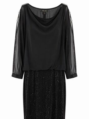 Cache Black Long-Sleeve Beaded Evening Dress